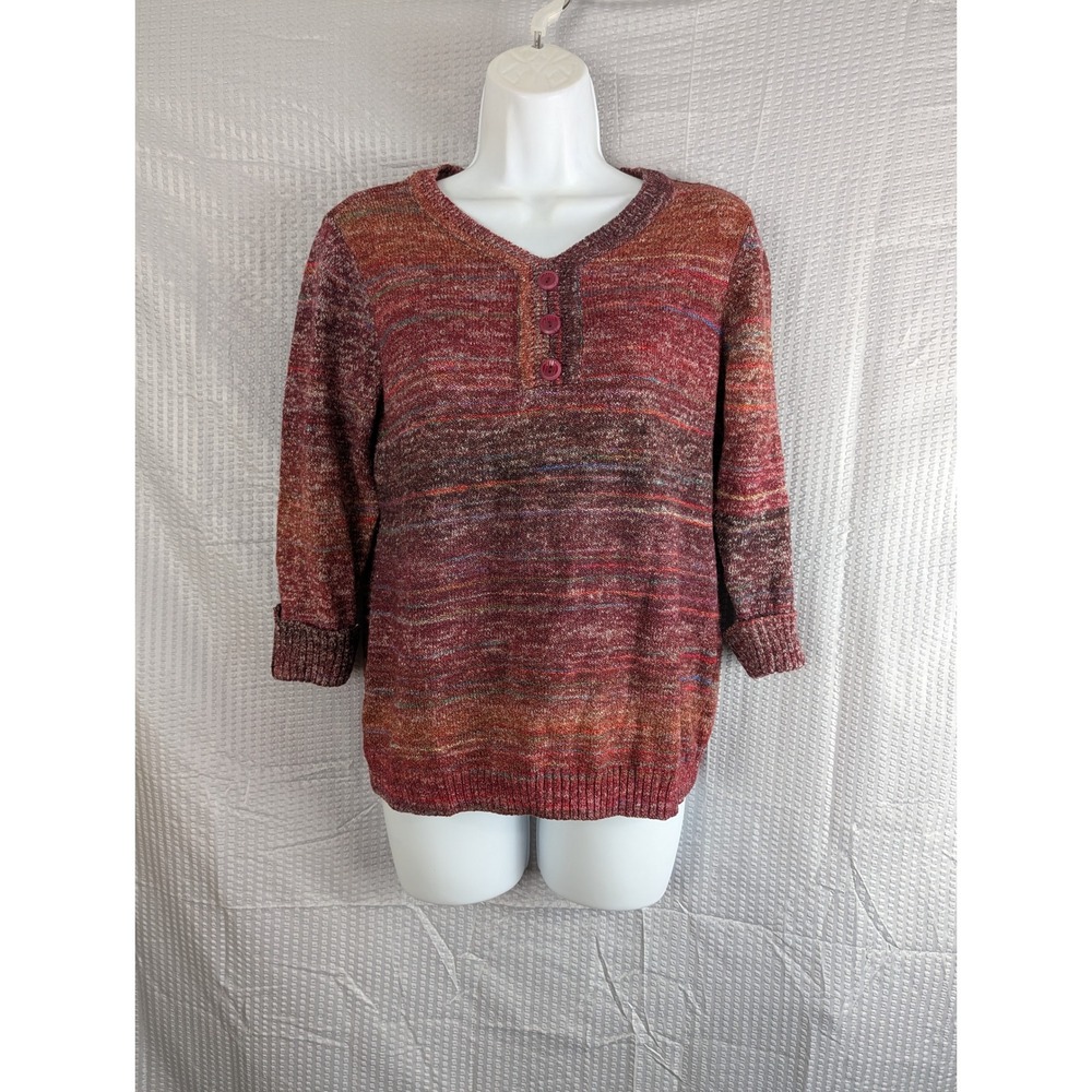 Christopher & Banks Space Dye Marled Henley Sweater Red Multi Size Small